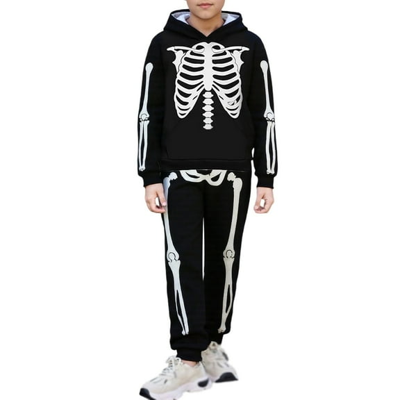 Tween Boys Halloween Skeleton Print Hooded Long Sleeve Outfit Sets Party Jumpsuit Pajamas Kids