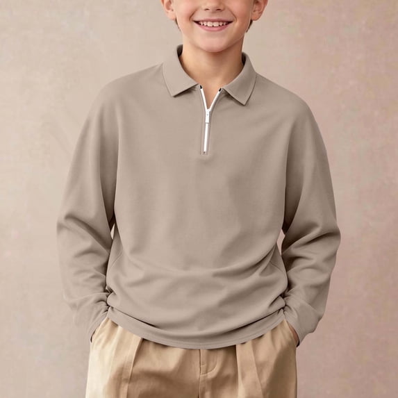 Tween Boys Long Sleeve Shirts Quarter Zip Pullover Collared Active Tops Lightweight Breathable Casual Basic Tees for School Uniform Sports Golf Tennis Wear, Size 7-8
