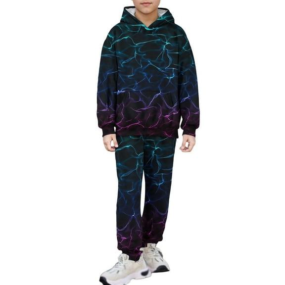 Tween Boys Printed Hooded Long Sleeve Outfit Sets Soft Casual Kids Two Piece