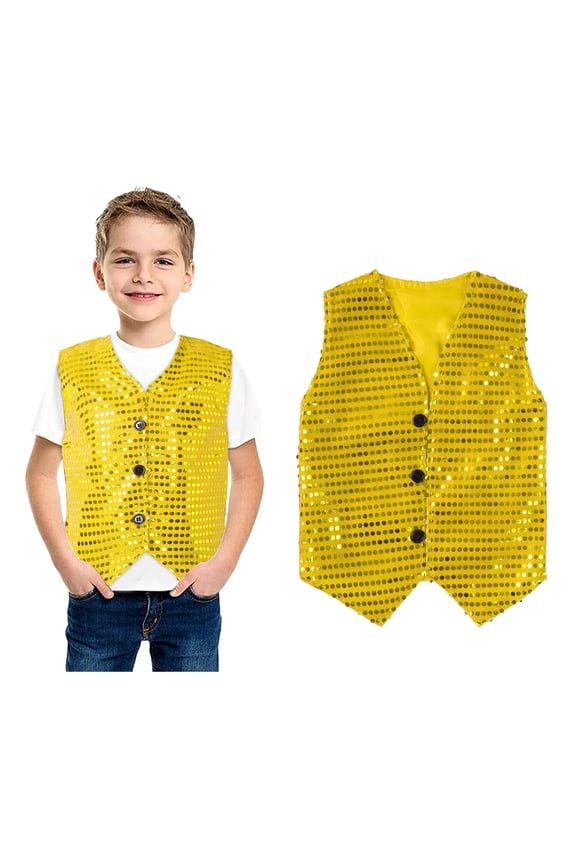 Tween Boys Shiny Sequins Vest Sleeveless V Neck Button Waistcoat Jacket for Cheer Jazz Performance 10-12 Years