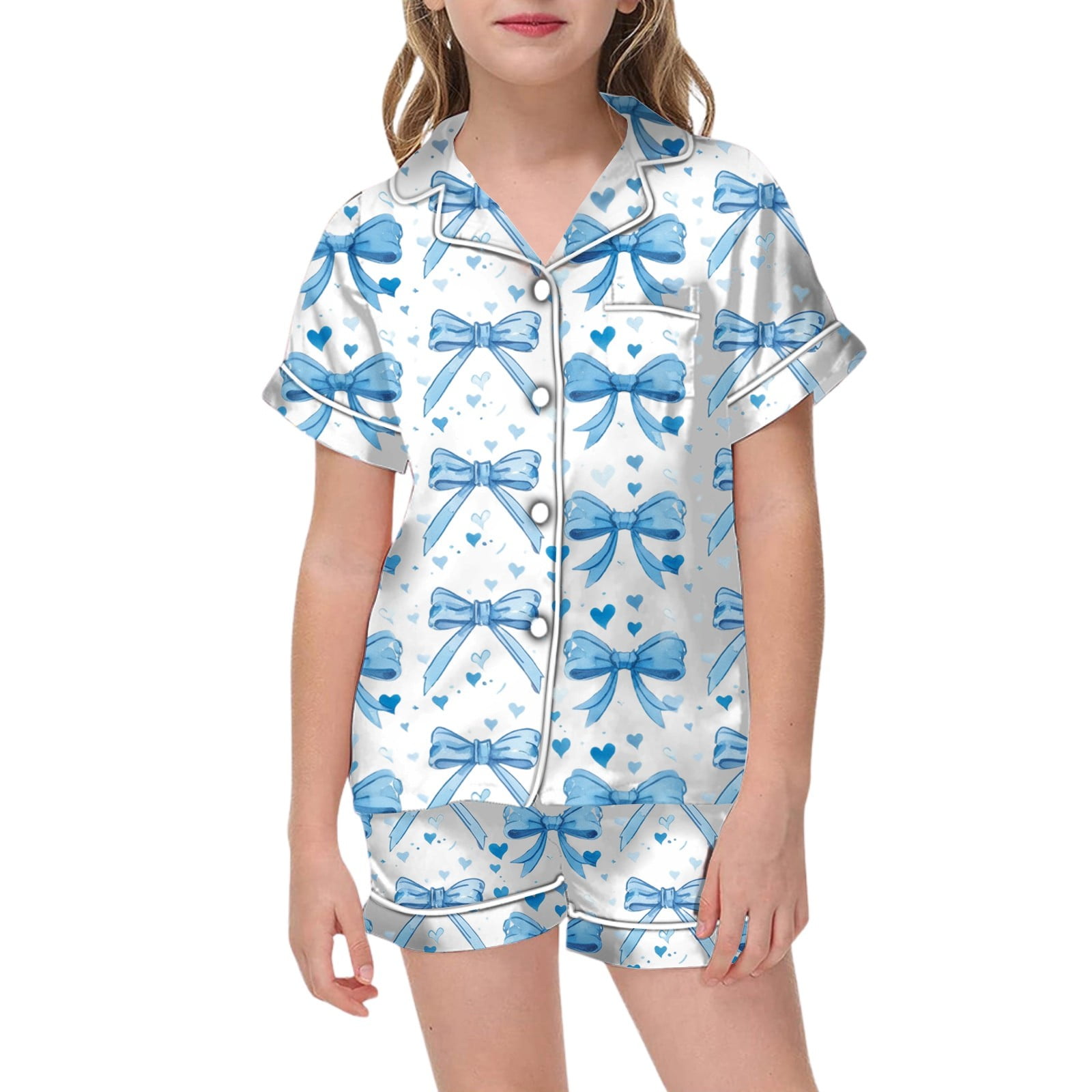 Tween Boys Silk Pajamas Set Bow Print 2 Piece Set Short Sleeve Button-Down Shirts with Shorts Set Girls Summer Fall Clothes Girls Clothes Size 10-11 Years - Walmart.com