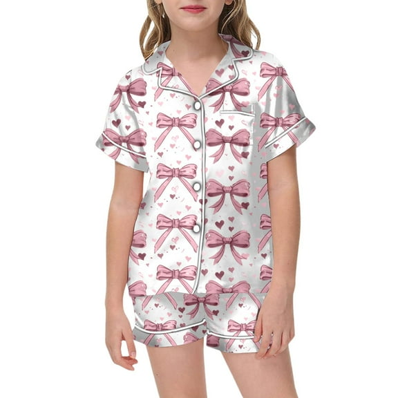 Tween Boys Silk Pajamas Set Bow Print 2 Piece Set Short Sleeve Button Down Top Shorts Set Girls Summer Fall Clothes Preppy Stuff for Girls 10-11 Years