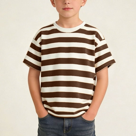 Tween Boys Striped T-Shirts Short Sleeve Crewneck Casual Summer Basic Tees Kids Classic Cotton Blend Tops Everyday Playwear Clothes for Beach and Vacation, Size 11-12