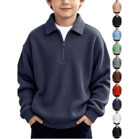 Tween Boys Waffle Knit Pullover Sweatshirts Kids 1/4 Zip Collared Shirts Long Sleeve Casual Fall Winter Tops Outerwear Warm Clothes