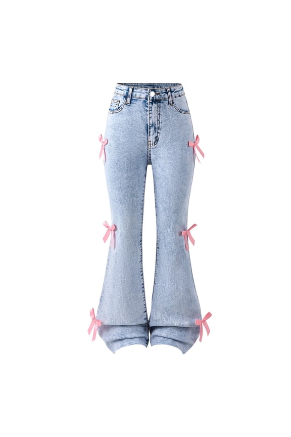 Tween Distressed Denim Bottom Pants Girls With Bow Flared Leg