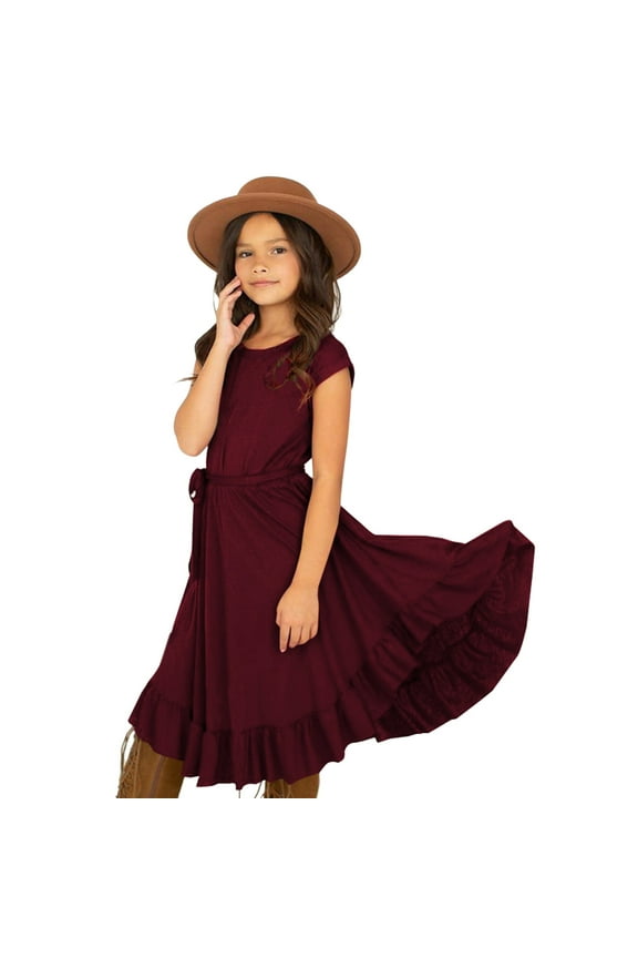 Tween Dresses 12-14 Girls Kids Little Girls Vintage Dress Solid Short Sleeve Ruffles Swing Retro Rockabilly Dresses 7-12Y Party Dresses Clothes , L