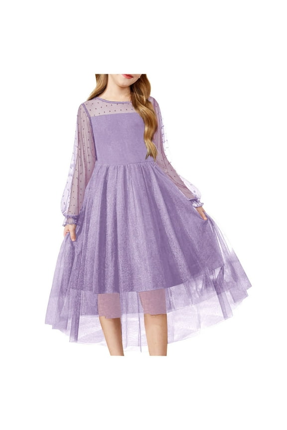 Little Girl Dresses Contrast Mesh Puff Long Sleeve High Waist A Line Dress Summer Dresses for Girls 5-6 Years