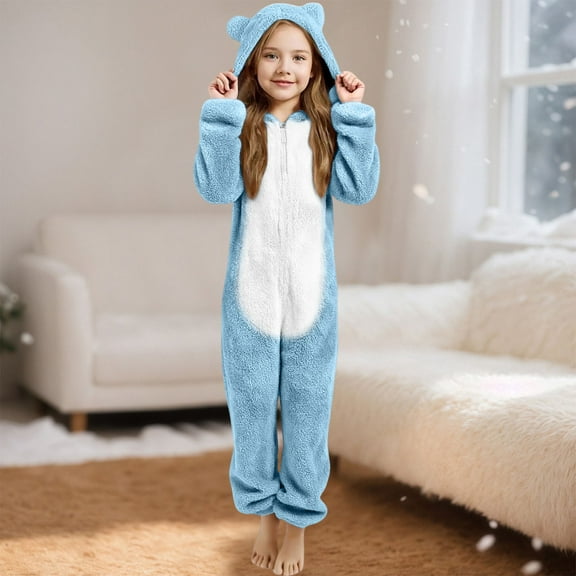 Tween Fleece Pajamas Kids Onesie Pajamas Little bear's ears Onesie Kids Animal Onesie Pajamas Zip Up Jumpsuit Onesies For Kids 11-12 Years
