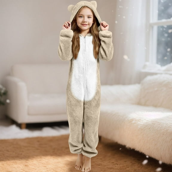 Tween Fleece Pjs For Girls One Piece Pajamas Beige Pajamas Girl Animal Costume Long Sleeves 11-12 Years Costume Girl