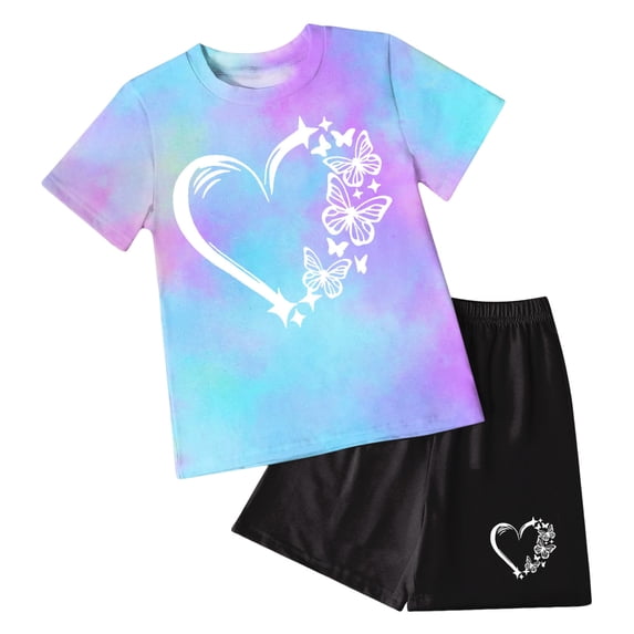 Tween Girl Clothes 2 Piece Short Sleeve Tie Dye Heart Print Top and Shorts Teen Girl Summer Outfits Short Set Back To School Outfits for Little Girls