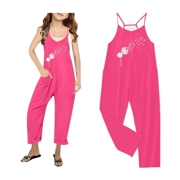 Tween Girl Jumpsuit Spaghetti Strap Loose Romper Pants with Pockets 13-14 Years Clothes