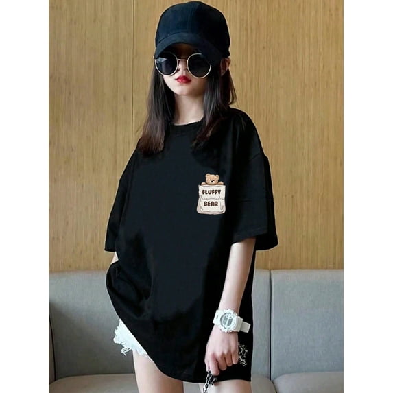 Tween Girl Pocket Bear Print Casual Comfortable Short Sleeve T-Shirt, for Summer Cool Top