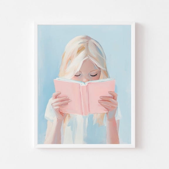 Tween Girl Reading Pink Book Wall Art Print Blue Book Lover Blonde Girl'S Room Pastel Girly Preppy Wall Art Decor For Home Office