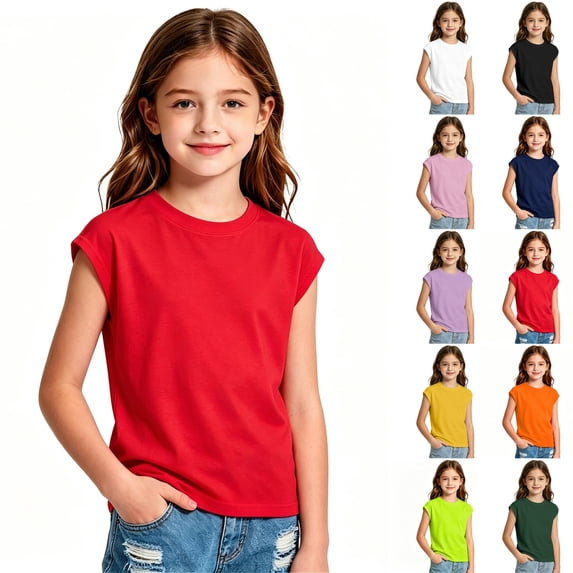 Tween Girl Shirts Cap Sleeve Crew Neck Red Tshirts Tween Soft Casual Summer Tops Tees 11-12 Years