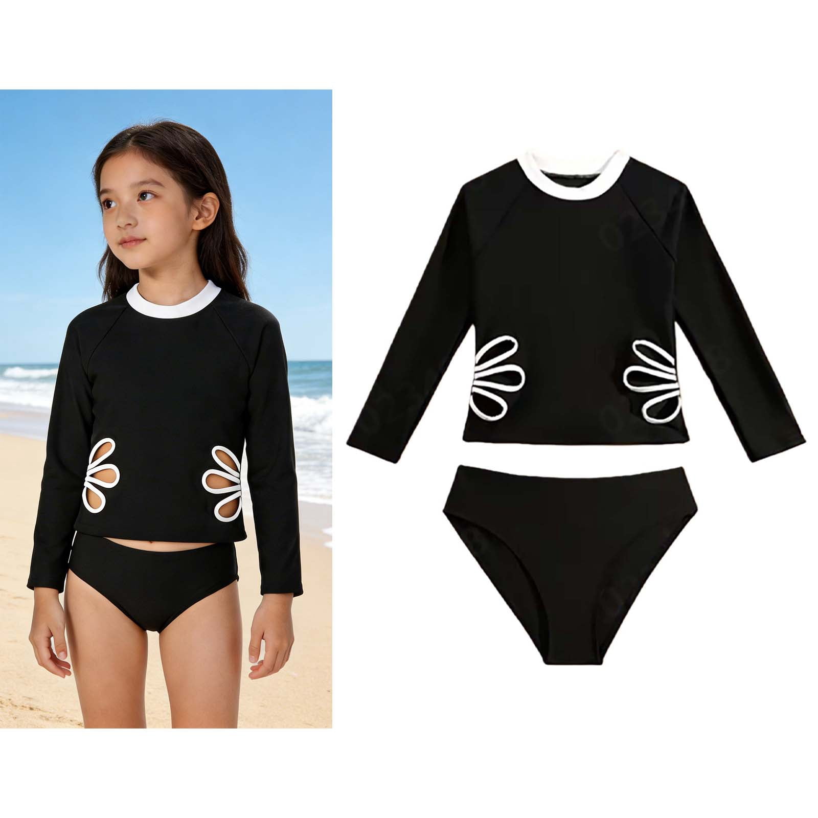 Tween Girl Swimsuit Long Sleeve Rashguard 2 Piece Bikini Sets With tween-girl-swimsuit-long-sleeve-rashguard-2-piece-bikini-sets-with