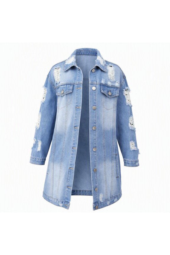 Tween Girl Y2K Edgy Streetwear Collegiate Distressed Ripped Long Denim Jacket Versatile Chic Fashion Essential For Spring Autumn Winter