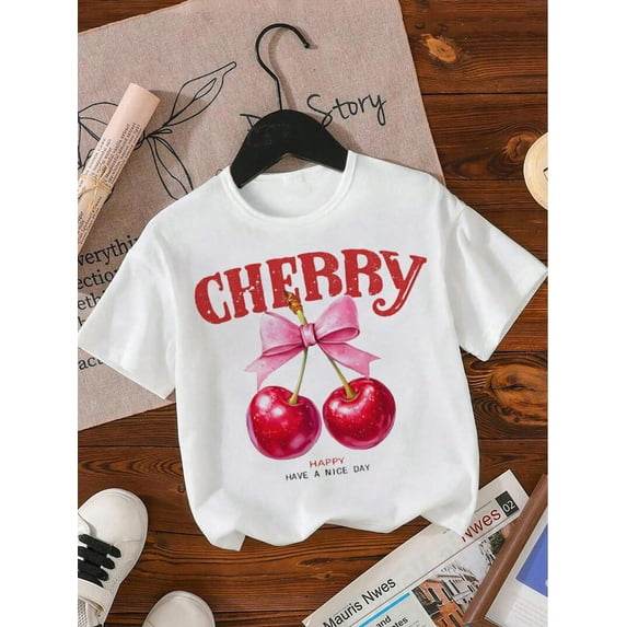 Tween Girl Y2K Style Cherry Fruit Fuchsia Bow Print Short Sleeve T-Shirt, Cotton T-Shirt - Soft Stretchy Loose Fit Tee, Breathable Round Neck Casual Top, Comfortable Fit, Back-To-School Gifts