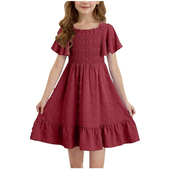 Tween Girl's 2025 Summer Dresses, Kids Polka Ruffle Short Sleeve Smoked Dress, Boho Beach Sundress Child Flower Dress Wine 10Y