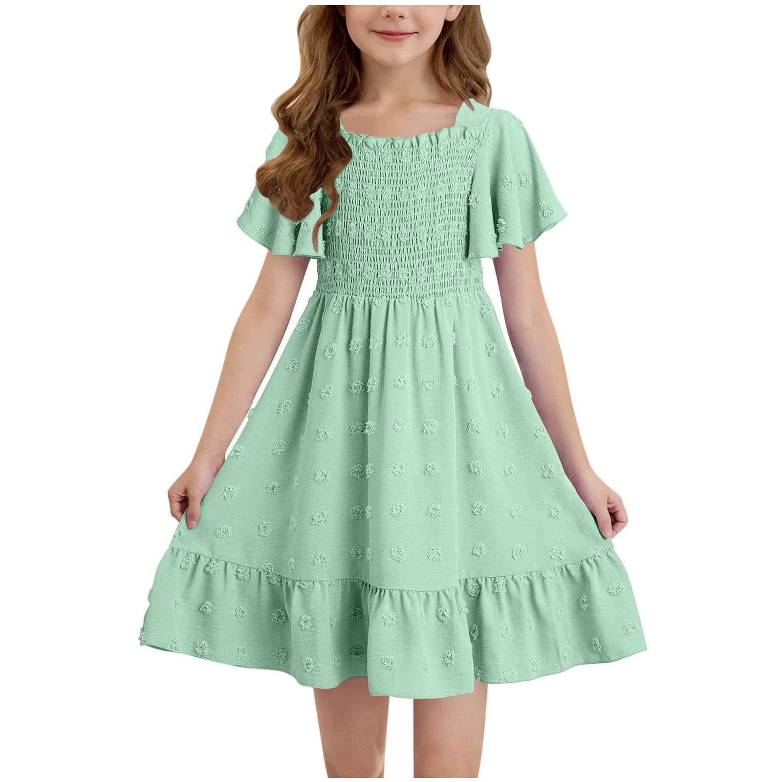 Tween Girl's 2025 Summer Dresses, Kids Polka Ruffle Short Sleeve Smoked