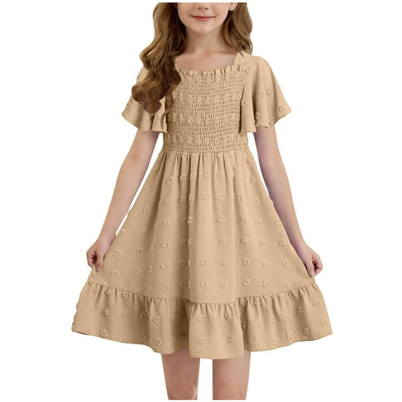 Tween Girl's 2025 Summer Dresses, Kids Polka Ruffle Short Sleeve Smoked Dress, Boho Beach Sundress Kids Maxi Dresses Khaki 8Y