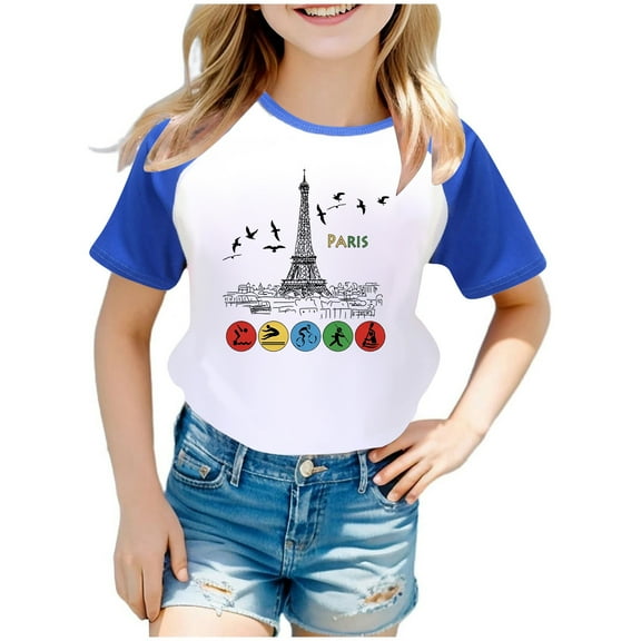 Tween Girl's Paris T Shirt Raglan Short Sleeved T-Shirt Unisex Graphic Tees