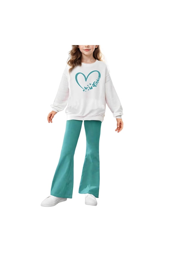 Tween Girls 2PCS Outfit Set Crop Top & Flare Pants with Heart Print Casual Girl Clothes Fall Outfits for School