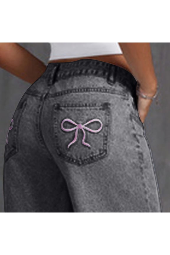 Tween Girls Baggy Bow Print Jeans Casual Elastic Waist Y2K Streetwear Wide Leg Kids Flare Denim Pants School Preppy Clothes Cute Baggy Jeans for Teen Girls