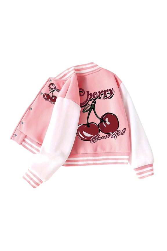 Tween Girls Baseball Jacket With Cherry Fruit Pattern Design Classic School Outerwear Kids Clothes