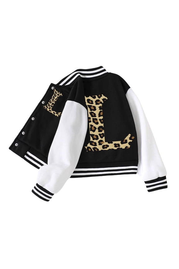 Tween Girls Baseball Jacket With Leopard Print Lettering School Outerwear Spring Seasons Clothes