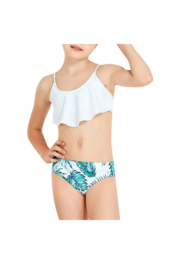Tween Girls Bikinis 3 Piece Swimsuits Tropical Prints Rullfe Bathing Suit Briefs Swimwear Set
