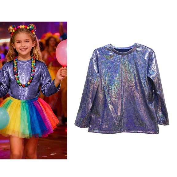 Tween Girls Boys Long Sleeve Sequins Dance Tops Metallic Sparkle Shiny Dance Top T-Shirt for Cheer Jazz Performance Oufits 10-11 Years