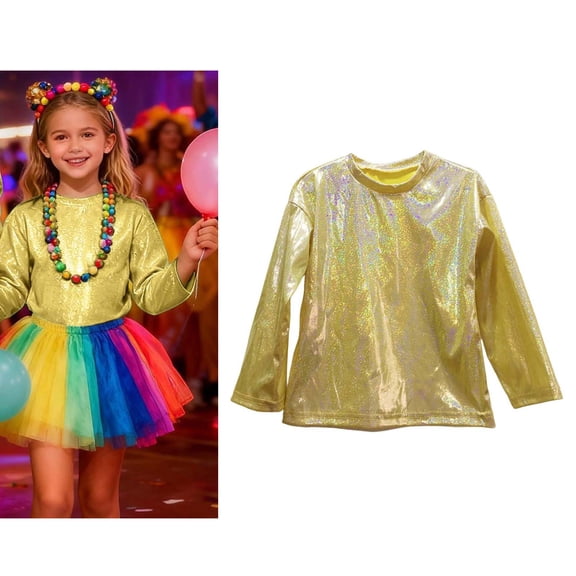 Tween Girls Boys Long Sleeve Sequins Dance Tops Shimmering Metallic T-Shirt for Belly Hop Jazz Dance Party 12-13 Years