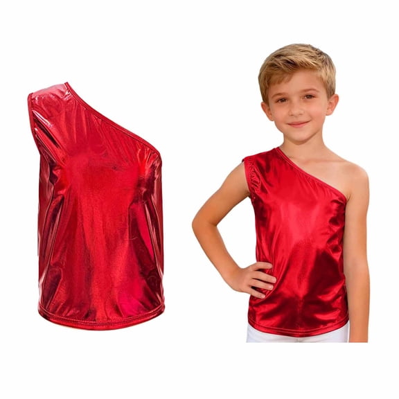 Tween Girls Boys One-Shoulder Dance Vest Sleeveless Metallic Shiny Tank Tops Jazz Hop Performance Oufits 13-14 Years