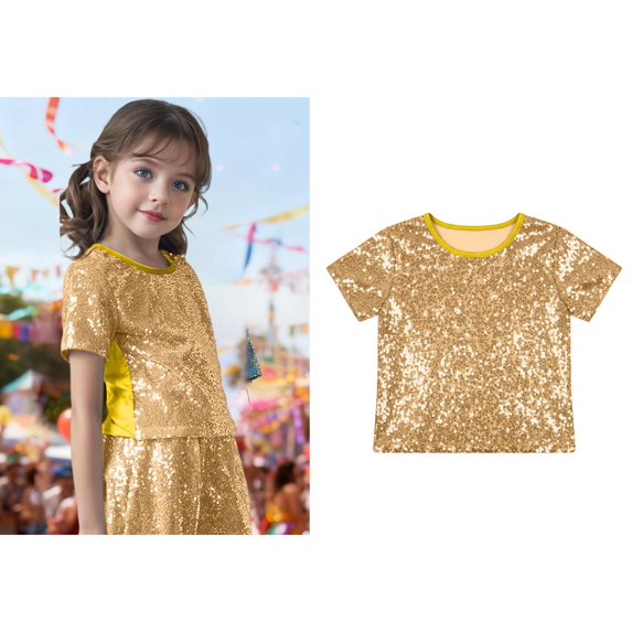 Tween Girls Boys Sparkle Sequins Cropped Top Short Sleeves Tee Top Latin Jazz Ballet Dance Performance 10-14 Years