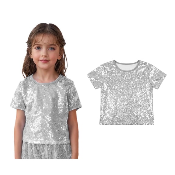 Tween Girls Boys Sparkly Metallic Shiny Cropped Top Short Sleeves Dance T-Shirt Jazz Ballet Performance Oufits 10-14 Years