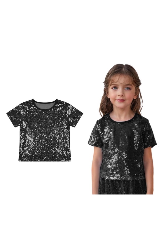 Tween Girls Boys Sparkly Sequin Crop Tops Short Sleeves Tee Top Latin Jazz Ballet Party Performance 10-14 Years