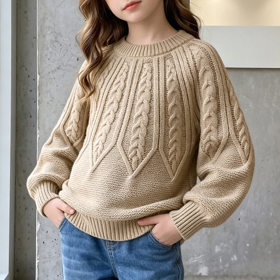 Tween Girls Cable Knit Pullover Sweaters Crewneck Long Sleeve Chunky Warm Tops Fall Winter Casual Loose Fit Jumper Outerwear for Kids Toddler School Holiday, Size 10-12