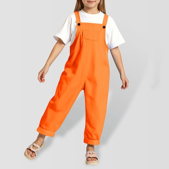 Tween Girls Casual Sleeveless Jumpsuits Back to School Romper Orange Jumpsuit with Pockets for Outdoor Activities Cute Clothes for Girls 11-12 Years