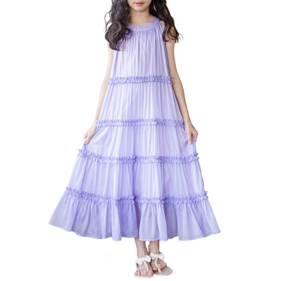 Tween Girls Casual Solid Neck Tiered Dress Sleeveless Ruffle Long Summer Daily Wear for 4-16Y