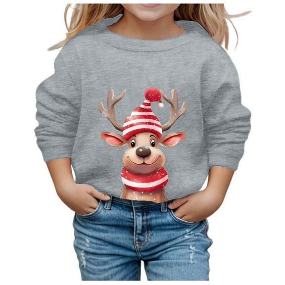 Tween Girls Christmas Sweatshirt Reindeer Print Round Neck Long Sleeve Casual Pullover Shirt Xmas Holiday Up