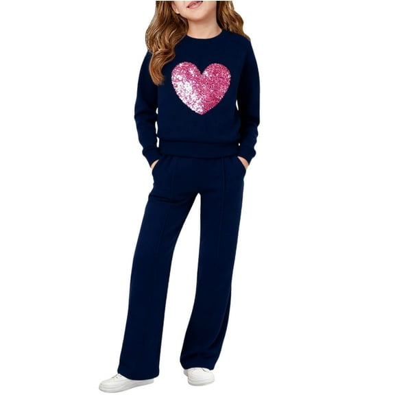 Tween Girls Clothes Hoodie Sequins Heart Print Top and Straight Leg Pants, Teen Spring Fall Clothing 2 Piece Sweatsuit Set