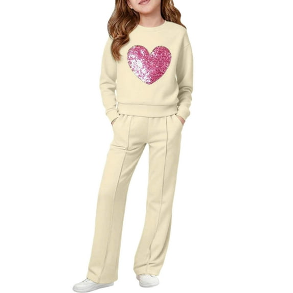 Tween Girls Clothes Hoodie Sequins Heart Print Top and Straight Leg Pants, Teen Spring Fall Clothing 2 Piece Sweatsuit Set