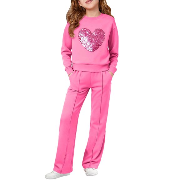 Tween Girls Clothes Hoodie Sequins Heart Print Top and Straight Leg Pants, Teen Spring Fall Clothing 2 Piece Sweatsuit Set