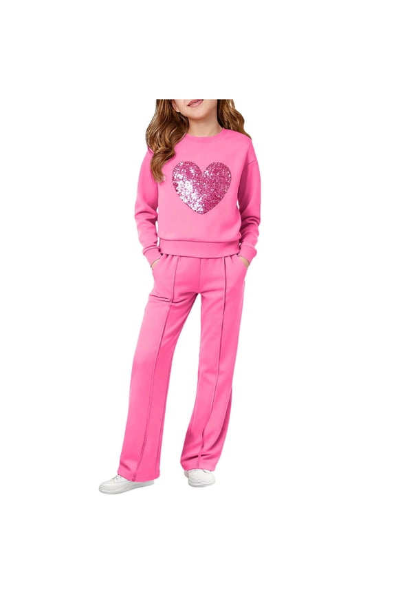Tween Girls Clothes Hoodie Sequins Heart Print Top and Straight Leg Pants, Teen Spring Fall Clothing 2 Piece Sweatsuit Set