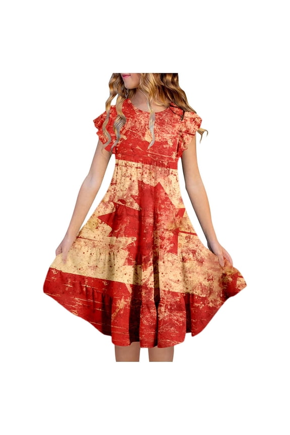 Tween Girls Dresses Canada Day Floral Red White Maple Leaf Print Tiered A Line Flutter Sleeves Pockets Party Girls Summer Dress