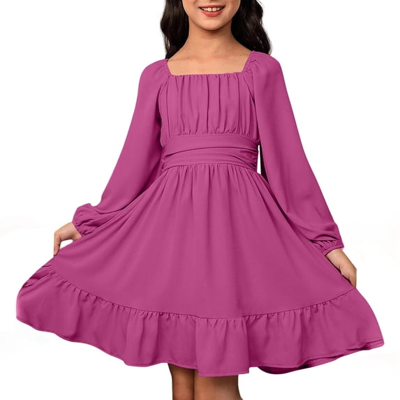 Tween Girls' Dresses Casual Long Sleeve Backless With Waist Tie Birthday Dress for Girls Size 10-11T,Pink