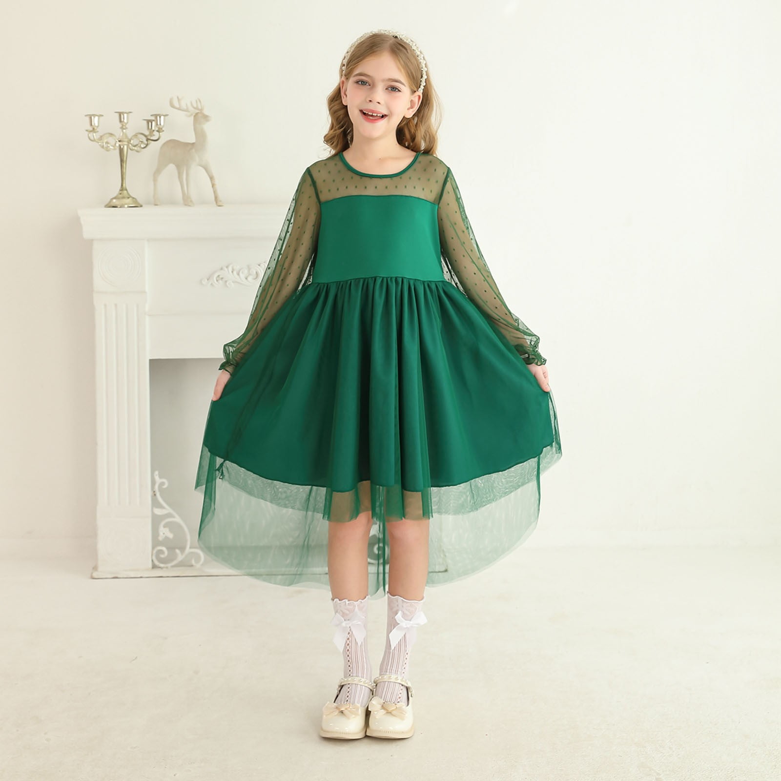 Girl's Contrast Mesh Puff Sleeve Dress – High Waist A-Line Party Dress - View #6