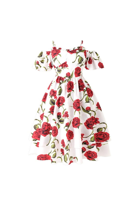 Tween Girls' Dresses French Rose Print Spaghetti Strap Off Shoulder Tiered Dress