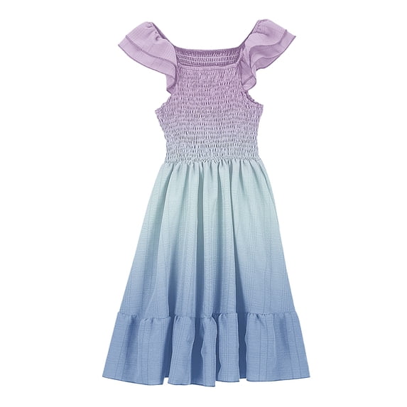 Tween Girls' Dresses Gradient Cute Double Layer Ruffle Sleeve Smocked Flowy 4 16 Years Girls Summer Dress