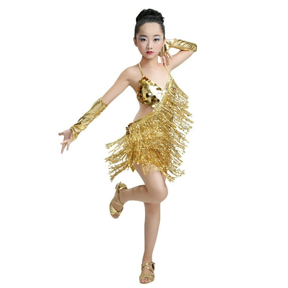 Tween Girls Dresses Party Dancewear Ballroom Dance Sequined Fringe Latin Practice + Sleeves Dress Size 10-11T,Gold